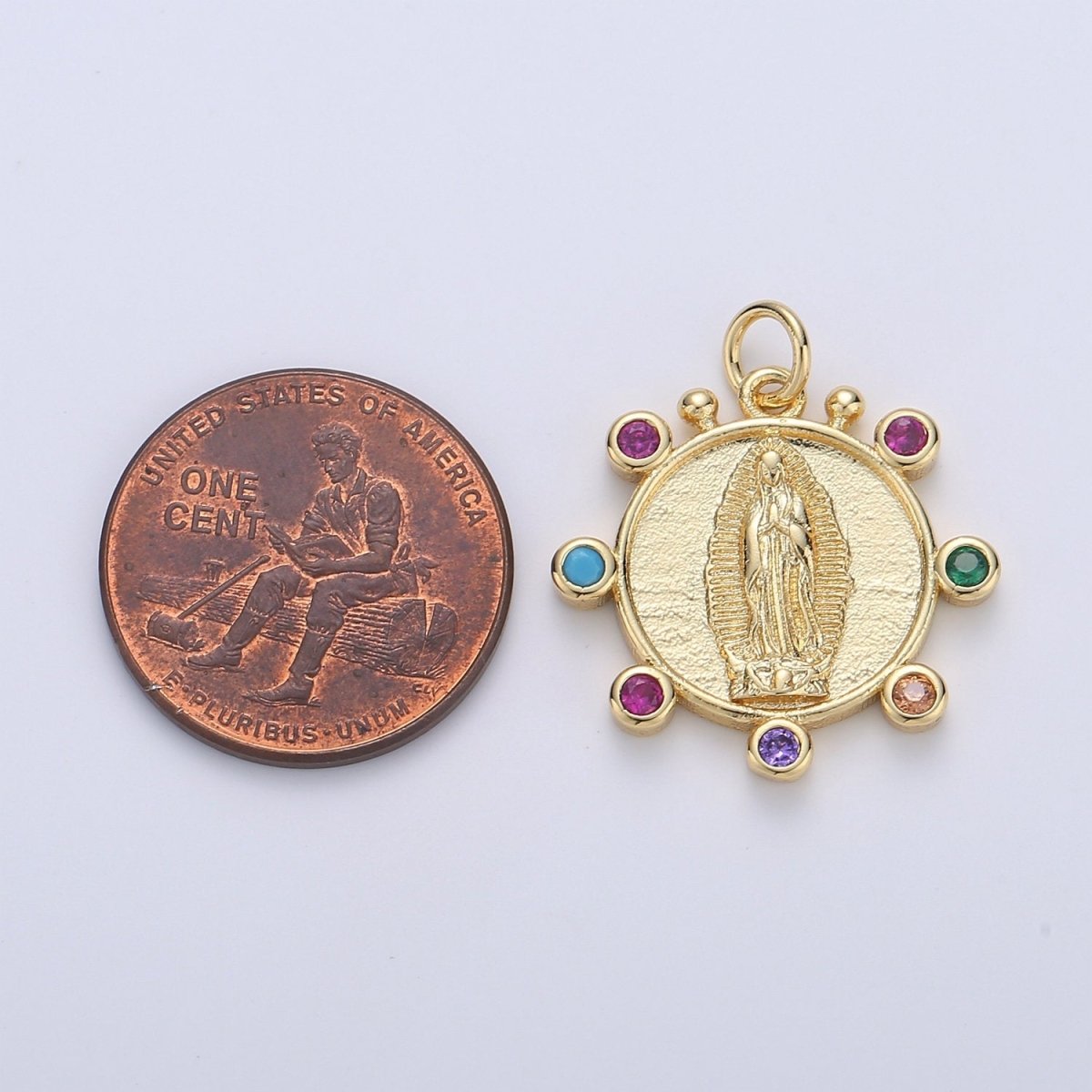 Rainbow 24K Gold Filled CZ Virgin Mary Pendant, Lady Guadalupe Round Disc Charm Mary Medallion, Rosary Charm Religious Jewelry D-685 - DLUXCA