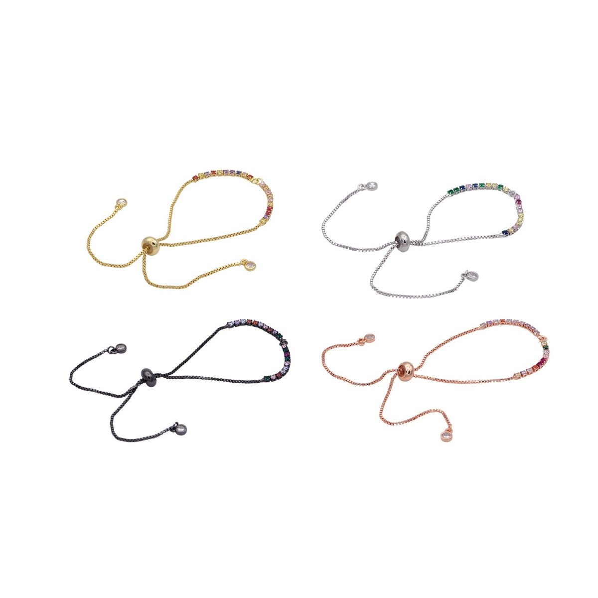 Rainbow Color CZ Adjustable Gold Filled bracelet Half semi finished with rubber stopper bolo bracelets Tennis bracelet Box Chain Wholesale K-508 - K-510 K-754 - DLUXCA
