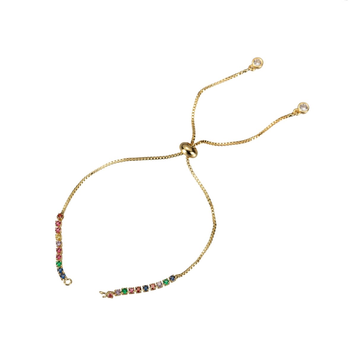 Rainbow Color CZ Adjustable Gold Filled bracelet Half semi finished with rubber stopper bolo bracelets Tennis bracelet Box Chain Wholesale K-508 - K-510 K-754 - DLUXCA