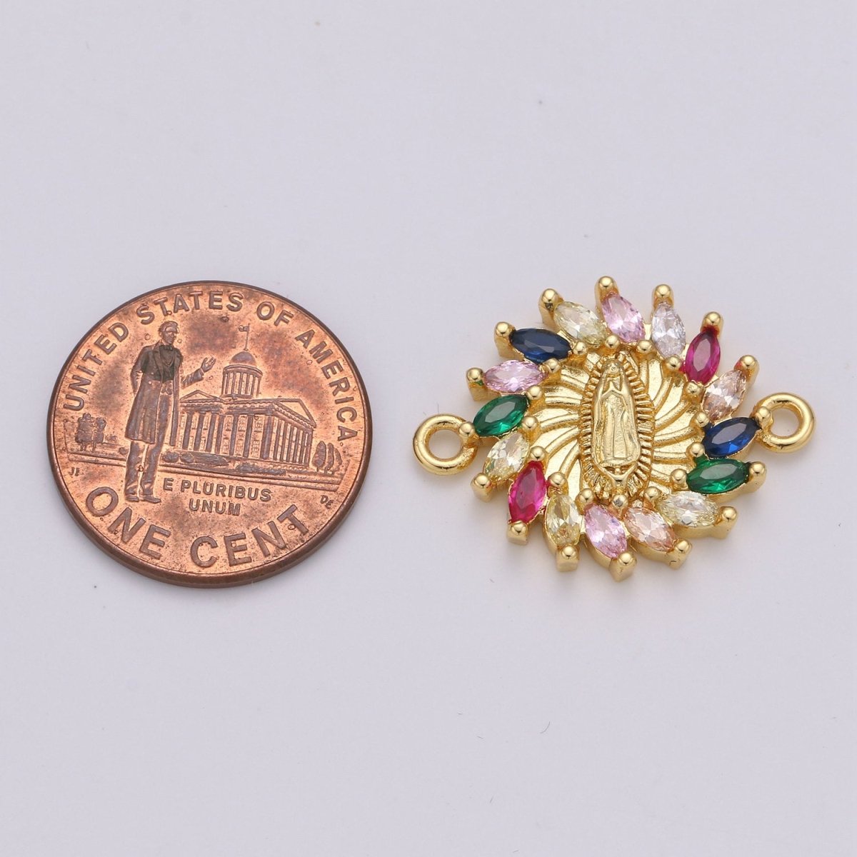 Rainbow CZ paved Gold Virgin Mother Mary Connectors, Catholic Baptism Lady Guadalupe Charm, Medallion Religious Jewelry Craft Supply F-425 - DLUXCA