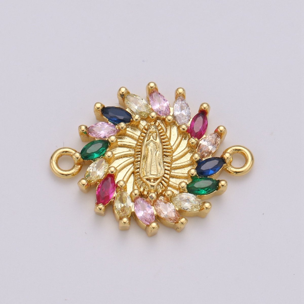 Rainbow CZ paved Gold Virgin Mother Mary Connectors, Catholic Baptism Lady Guadalupe Charm, Medallion Religious Jewelry Craft Supply F-425 - DLUXCA