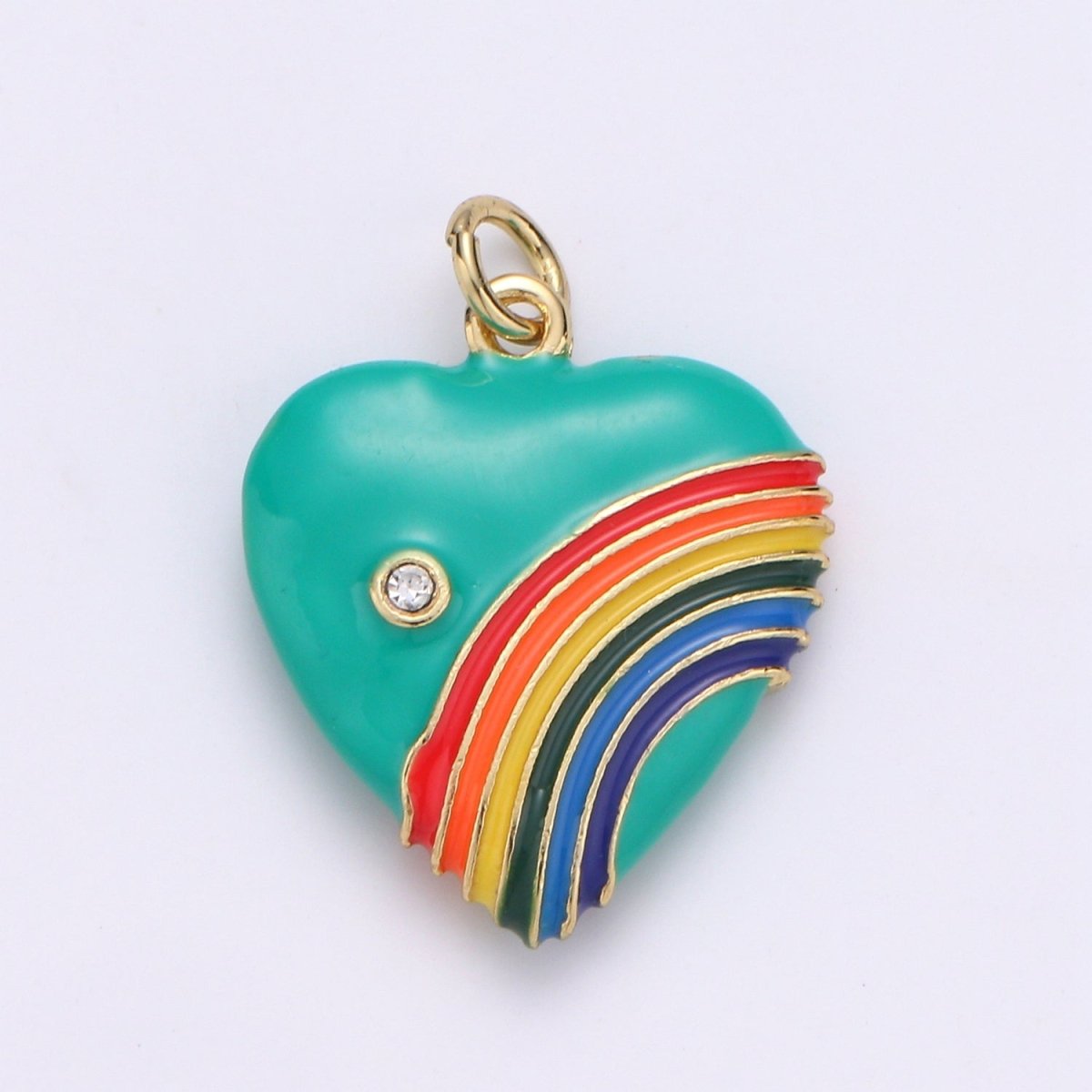 Rainbow Heart Charms, Enamel with Cubic Zirconia Crystal, Retro 1980's Style Charm Vintage Heart Pendant Red, Pink, Turquoise, Purple, Red C-805~C-812 - DLUXCA