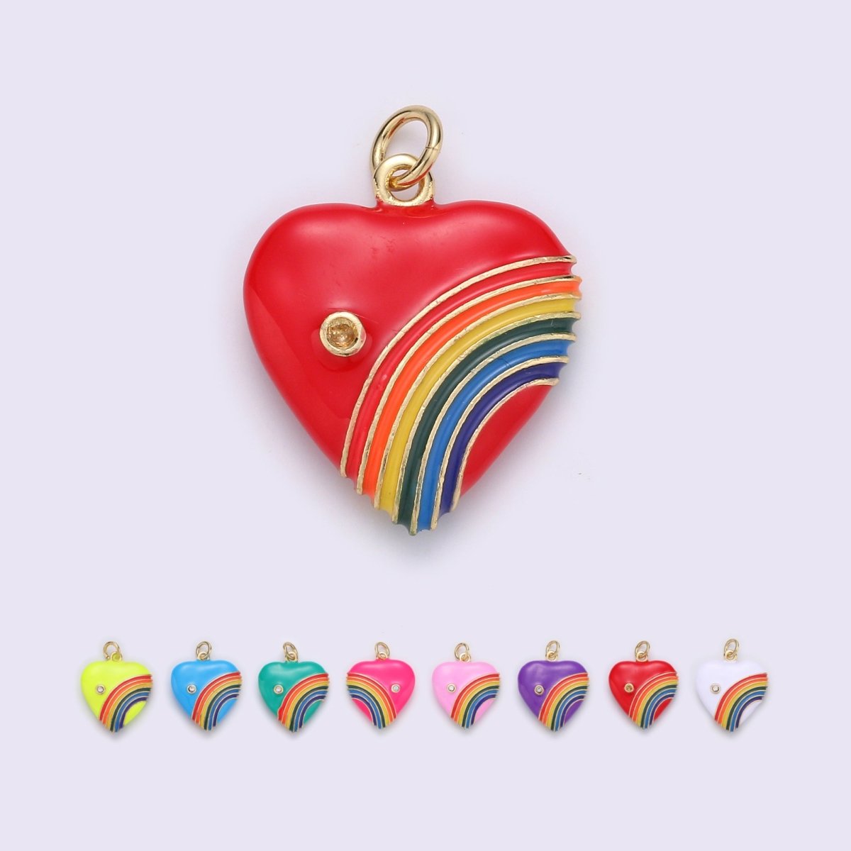 Rainbow Heart Charms, Enamel with Cubic Zirconia Crystal, Retro 1980's Style Charm Vintage Heart Pendant Red, Pink, Turquoise, Purple, Red C-805~C-812 - DLUXCA