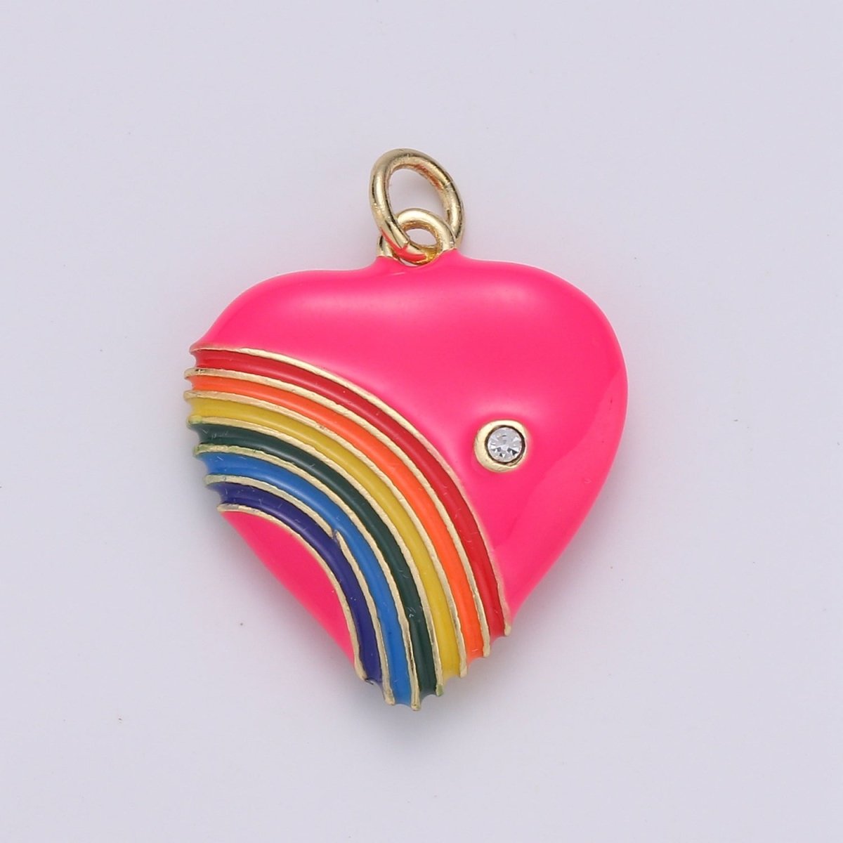 Rainbow Heart Charms, Enamel with Cubic Zirconia Crystal, Retro 1980's Style Charm Vintage Heart Pendant Red, Pink, Turquoise, Purple, Red C-805~C-812 - DLUXCA