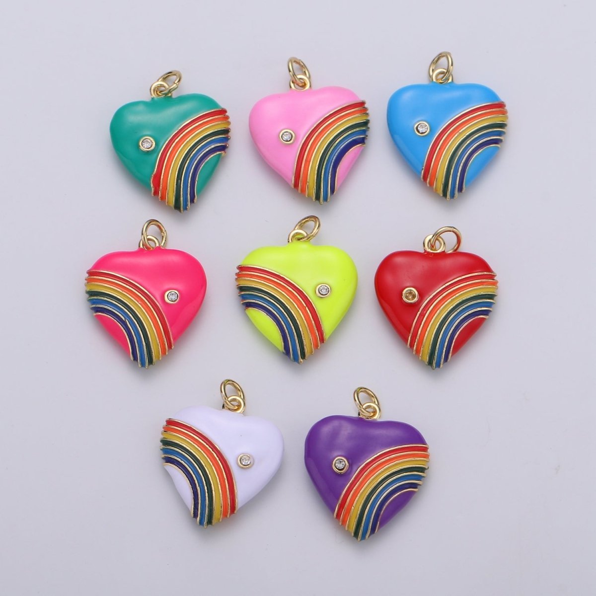 Rainbow Heart Charms, Enamel with Cubic Zirconia Crystal, Retro 1980's Style Charm Vintage Heart Pendant Red, Pink, Turquoise, Purple, Red C-805~C-812 - DLUXCA