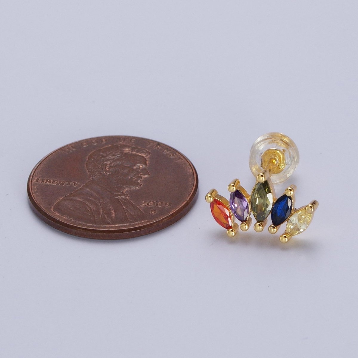 Rainbow Multicolor Marquise CZ Fan Lined Gold Stud Earrings | X-912 - DLUXCA