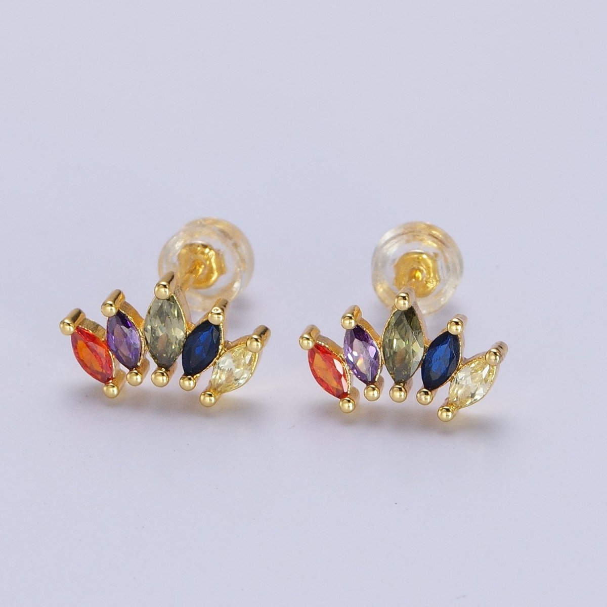Rainbow Multicolor Marquise CZ Fan Lined Gold Stud Earrings | X-912 - DLUXCA