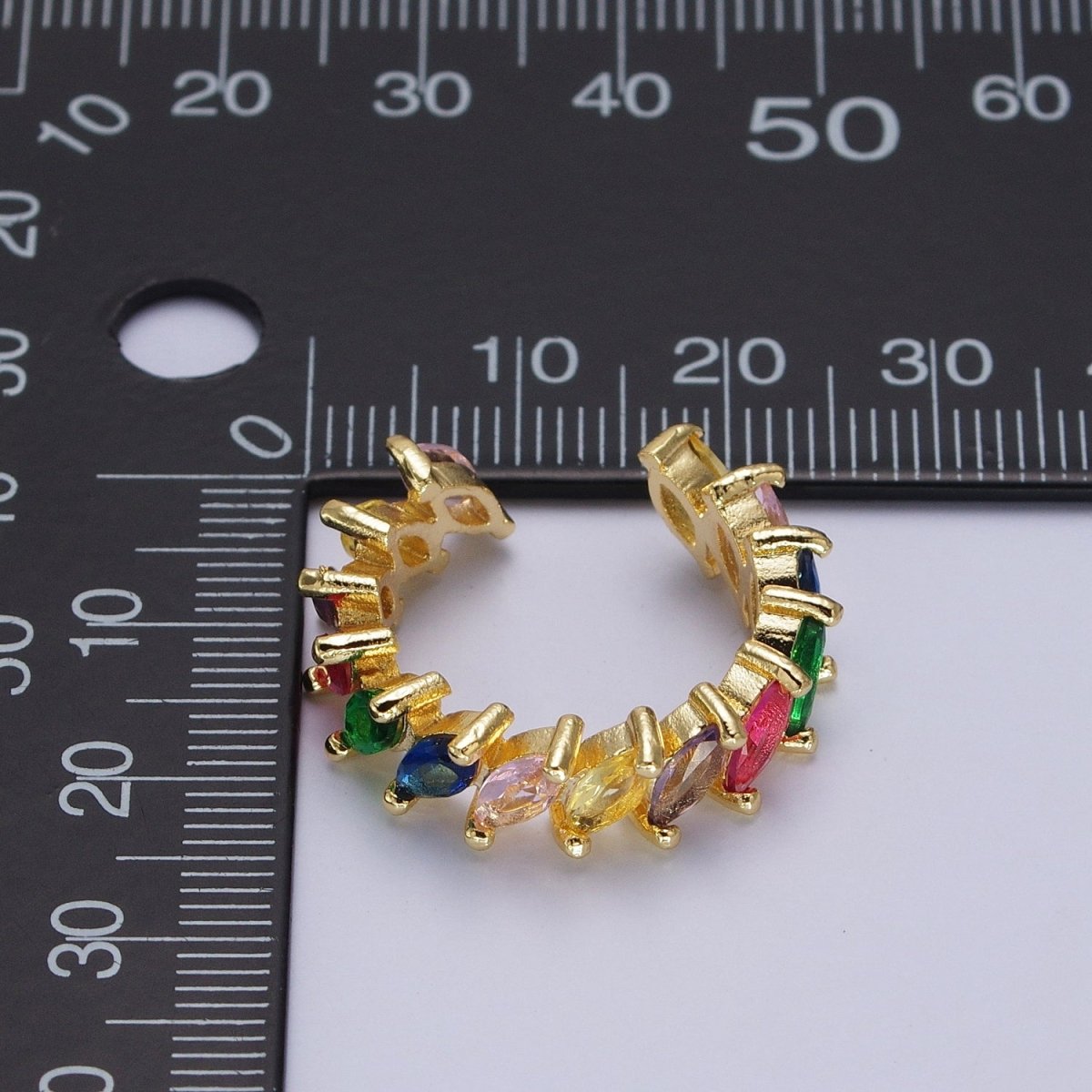 Rainbow Multicolor Marquise Sideway CZ Lined Adjustable Gold Ring | Y-500 - DLUXCA