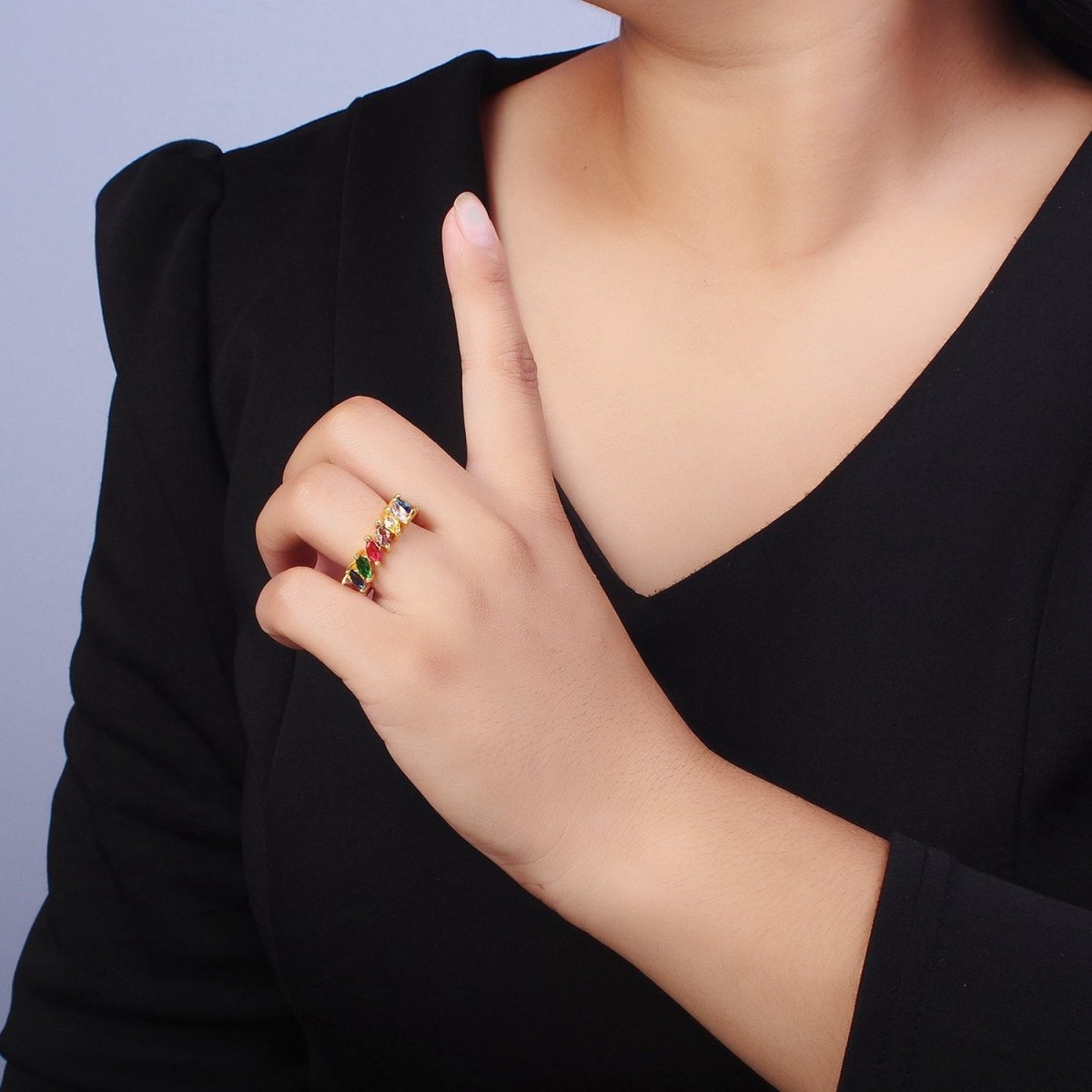 Rainbow Multicolor Marquise Sideway CZ Lined Adjustable Gold Ring | Y-500 - DLUXCA
