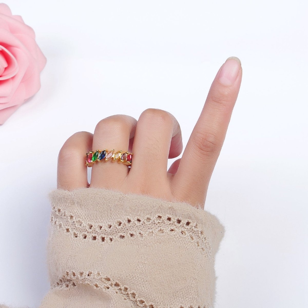 Rainbow Multicolor Marquise Sideway CZ Lined Adjustable Gold Ring | Y-500 - DLUXCA