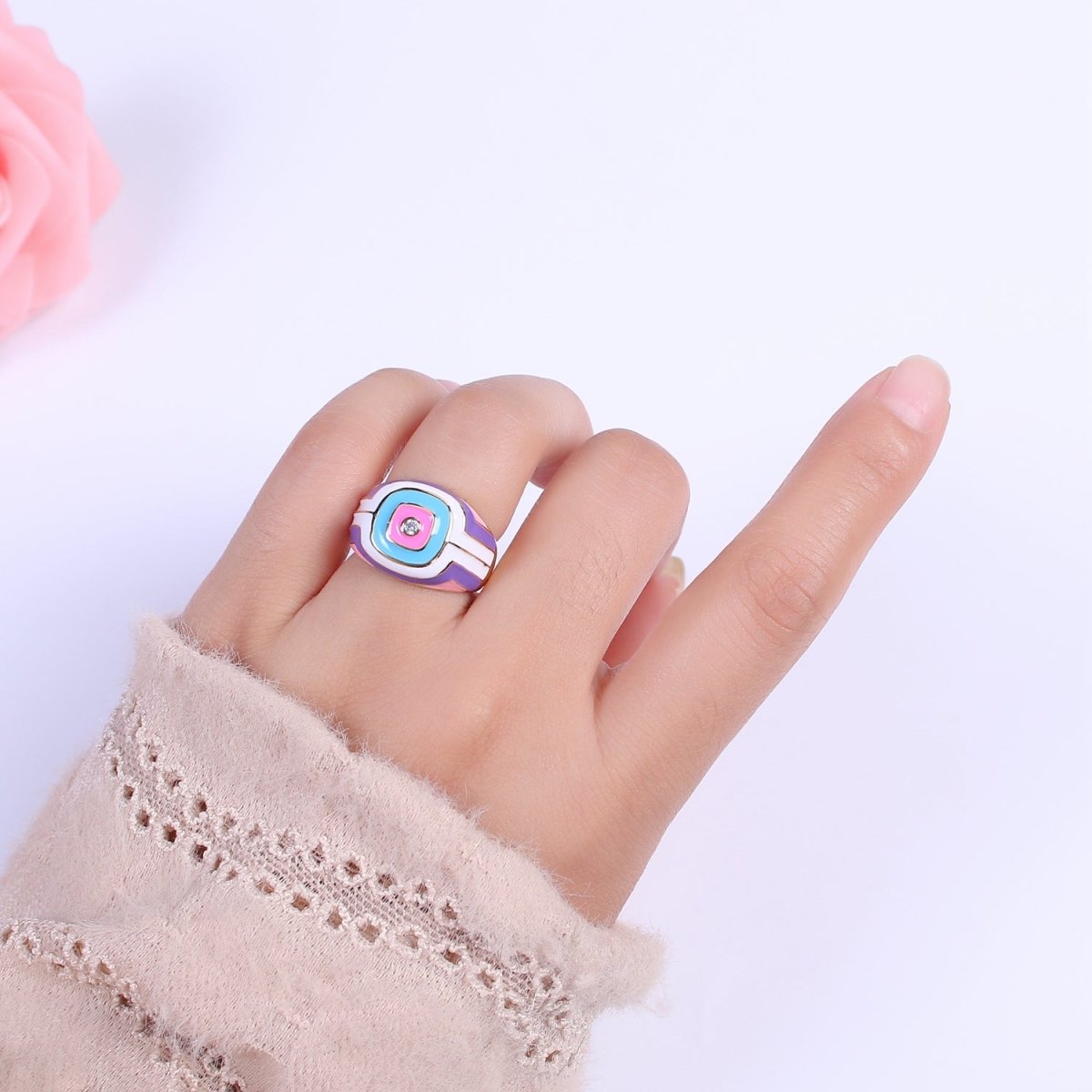 Rainbow Pastel Geometric Dome Rings-Pink Purple White Y2K Ring-Colorful Chunky Dome Ring Statement Accent Ring U-207 ~ U-209 - DLUXCA