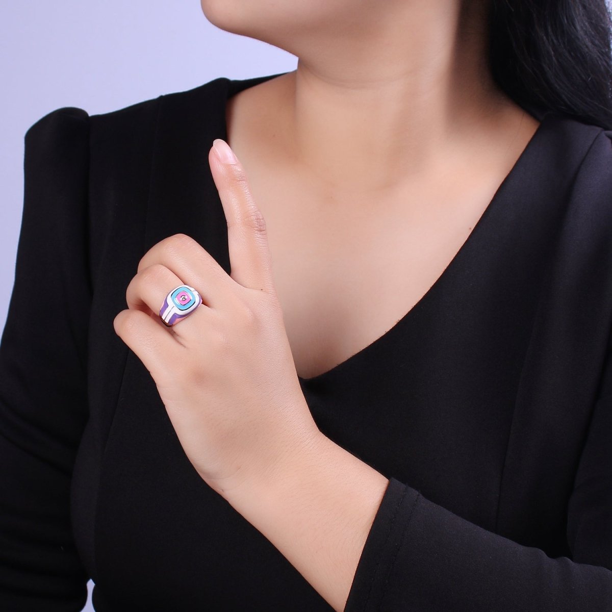 Rainbow Pastel Geometric Dome Rings-Pink Purple White Y2K Ring-Colorful Chunky Dome Ring Statement Accent Ring U-207 ~ U-209 - DLUXCA