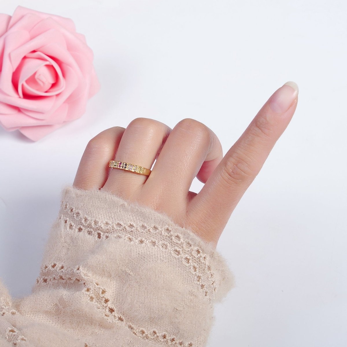 Rainbow Ring Gold Band Multicolor Band Ring Stackable Rainbow CZ Ring Rainbow Jewelry Stackable O-2128 - DLUXCA