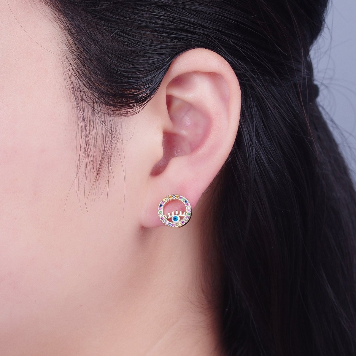 Rainbow Round Stud Earring Evil Eye Stud Earring T-475 - DLUXCA