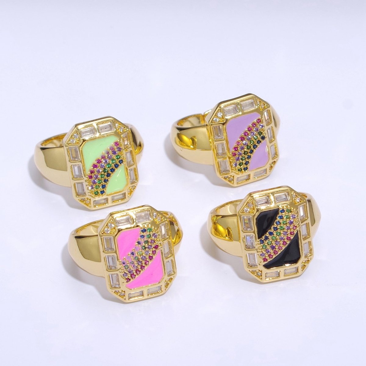 Rainbow Spinel Signet Ring Gold Chunky Ring Enamel Colorful Cz Ring U-006~U-009 - DLUXCA