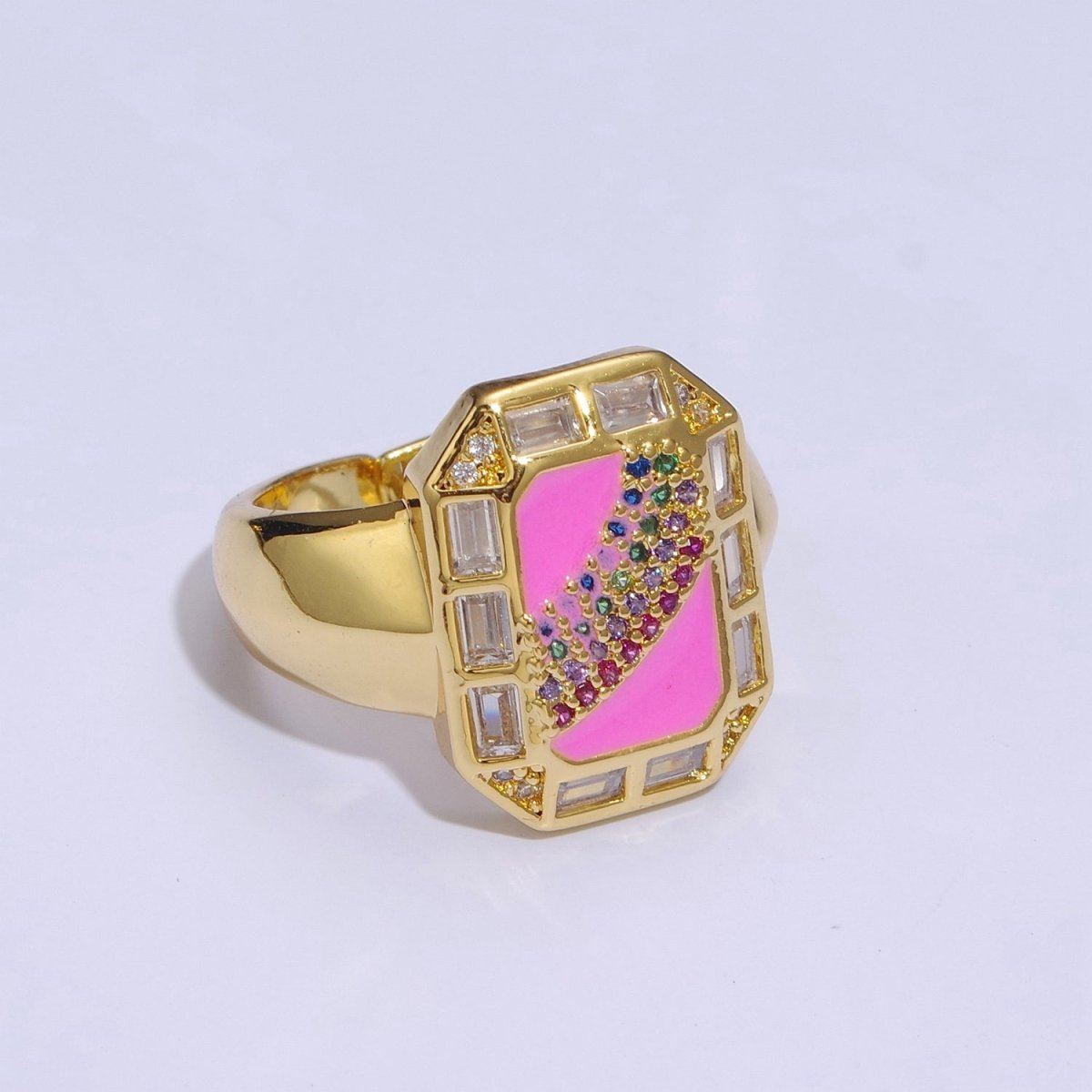 Rainbow Spinel Signet Ring Gold Chunky Ring Enamel Colorful Cz Ring U-006~U-009 - DLUXCA