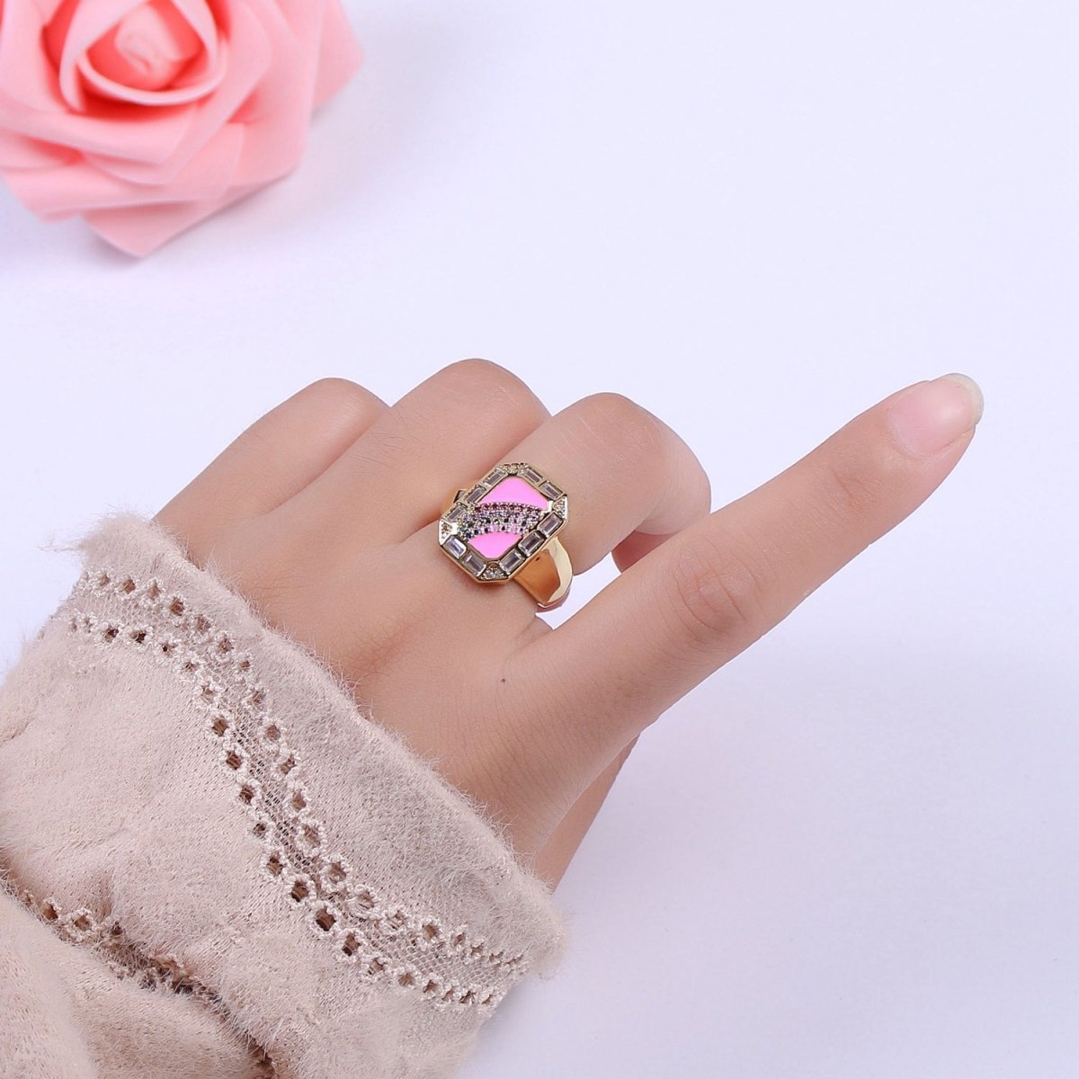 Rainbow Spinel Signet Ring Gold Chunky Ring Enamel Colorful Cz Ring U-006~U-009 - DLUXCA