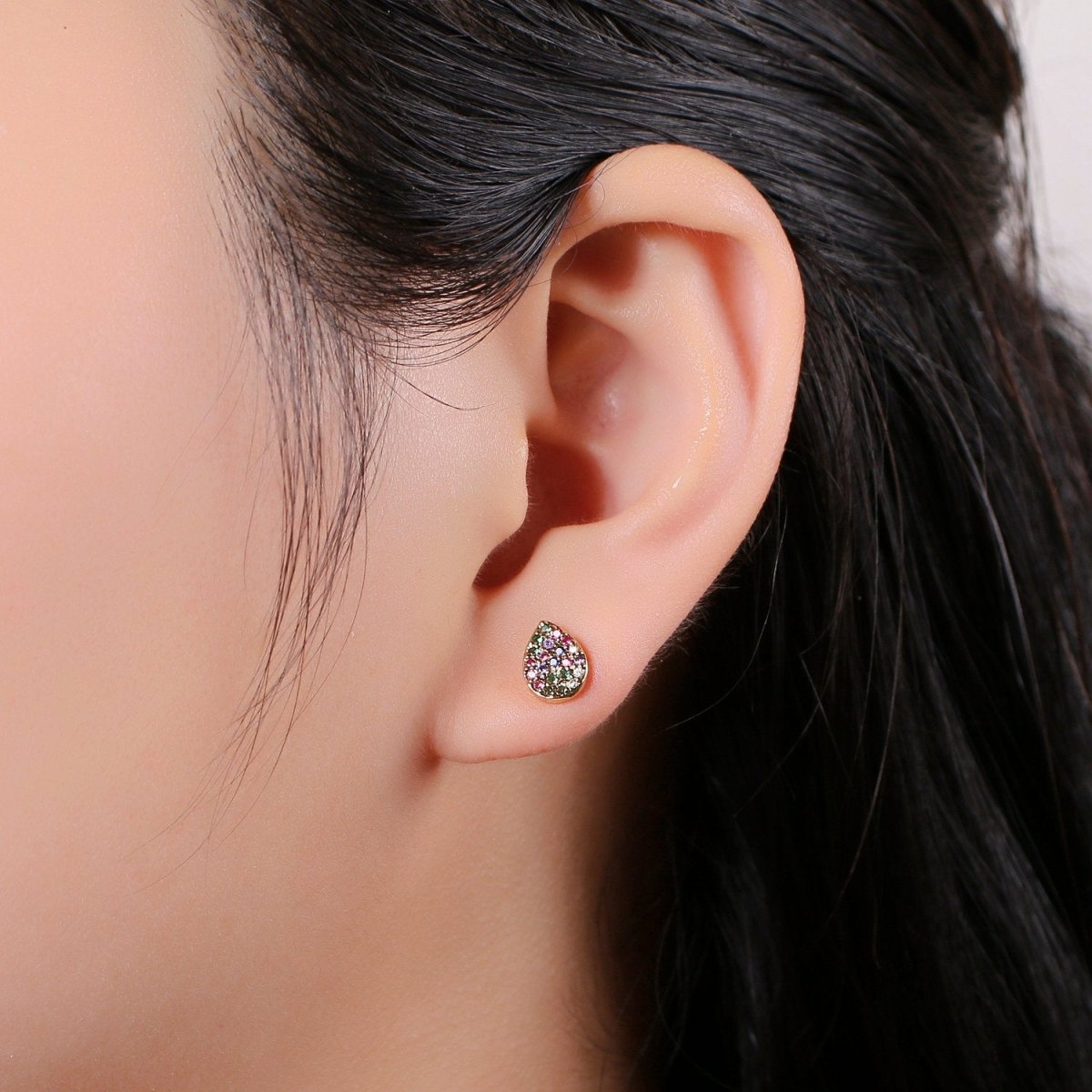 Rainbow Tiny CZ Tear Drop Stud Earrings Dainty Multi Color TearDrop Stud Earring Gold Minimalist Jewelry Gift For her christmas gift Q-250 - DLUXCA