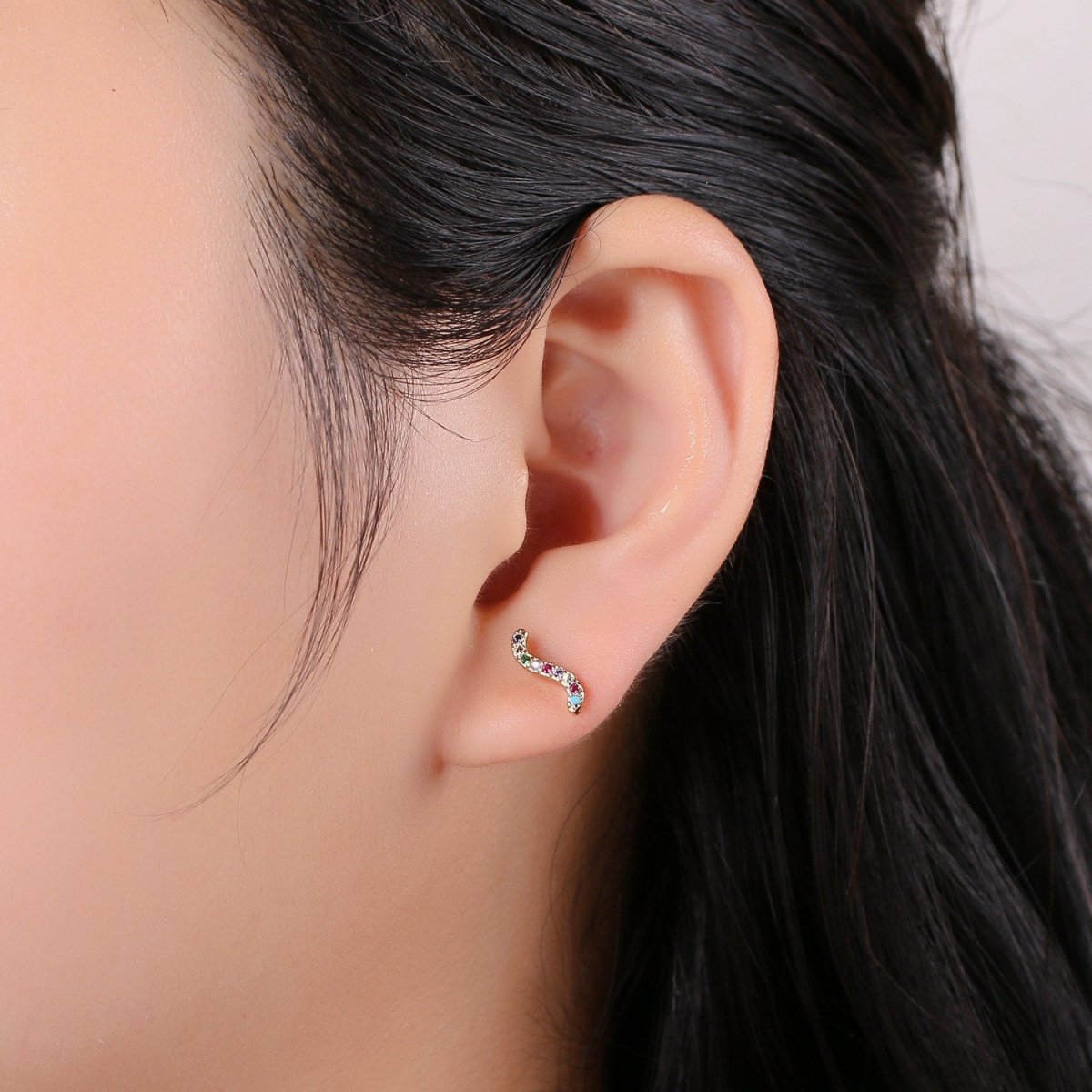 Rainbow Tiny CZ Wave Stud Earrings Dainty Multi Color S Curve Stud Earring Gold Minimalist Jewelry Gift For her christmas gift Q-251 - DLUXCA