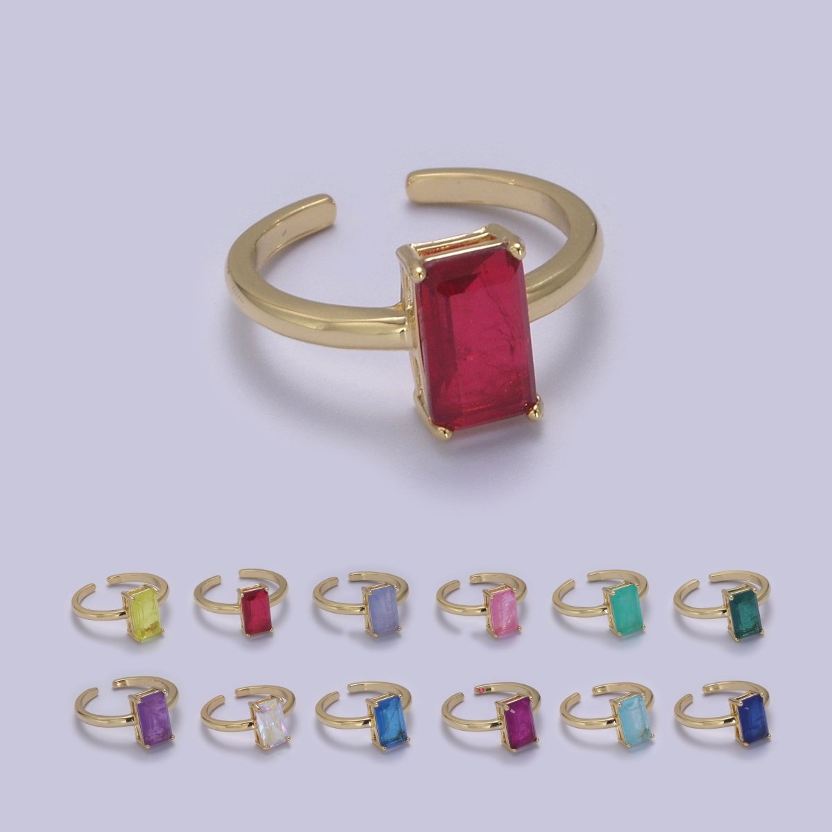 Rectangle Cut Cubic Zirconia Birthstone Ring | Rectangle Shape Cz Birthday Gift Ring Open Adjustable Jewelry S-405 ~ S-416 - DLUXCA