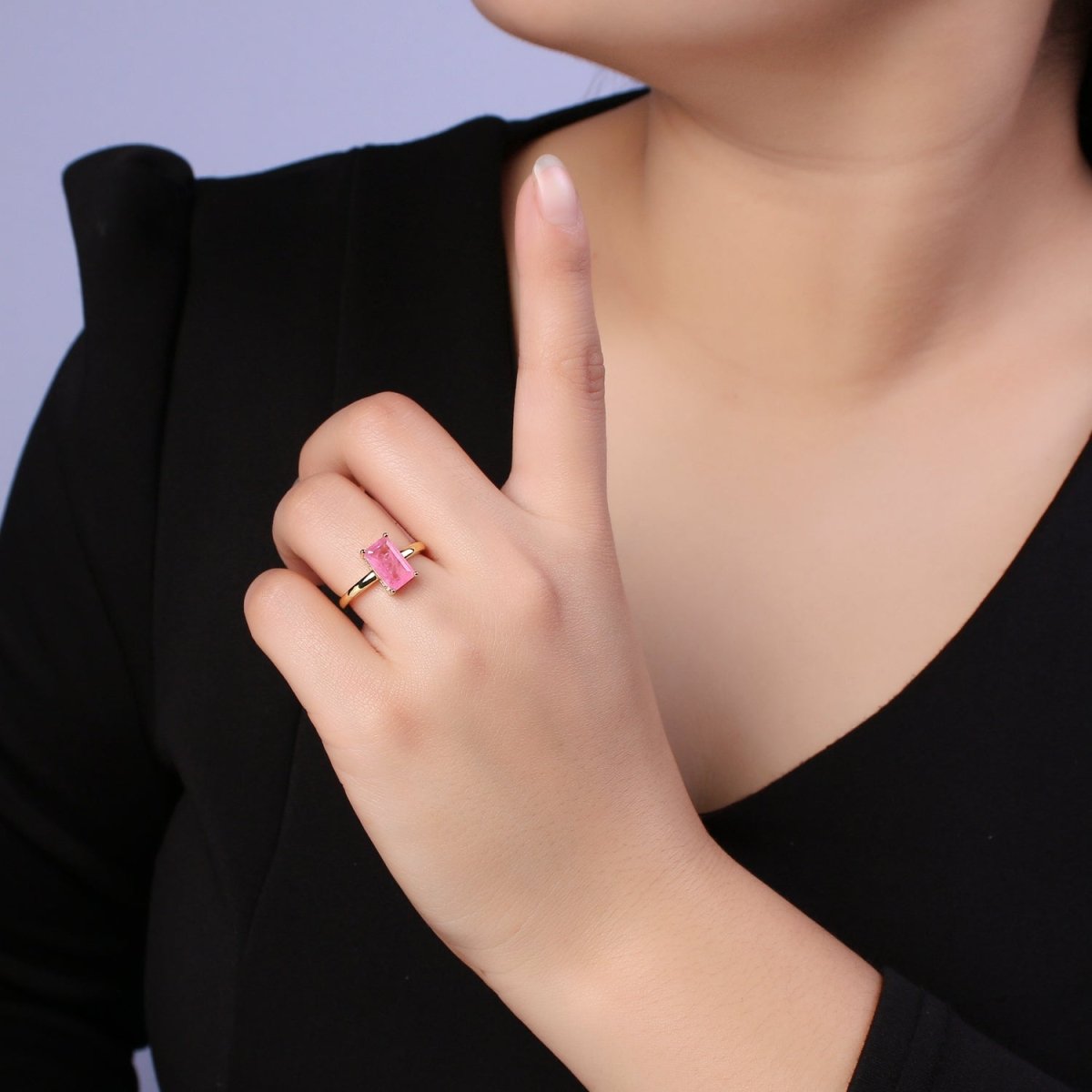 Rectangle Cut Cubic Zirconia Birthstone Ring | Rectangle Shape Cz Birthday Gift Ring Open Adjustable Jewelry S-405 ~ S-416 - DLUXCA