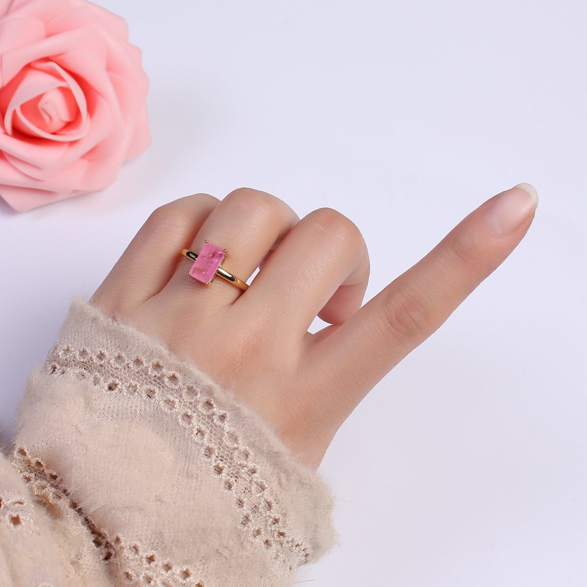 Rectangle Cut Cubic Zirconia Birthstone Ring | Rectangle Shape Cz Birthday Gift Ring Open Adjustable Jewelry S-405 ~ S-416 - DLUXCA