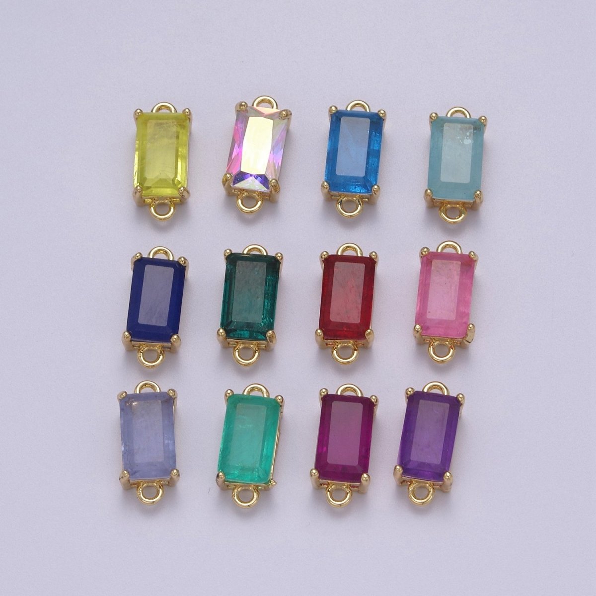 Rectangle Solitaire CZ Birthstone Charm Connector Geometric Diamond Cut Dainty Cubic Zirconia Connector for Necklace Earring Supply F-709~F-720 - DLUXCA