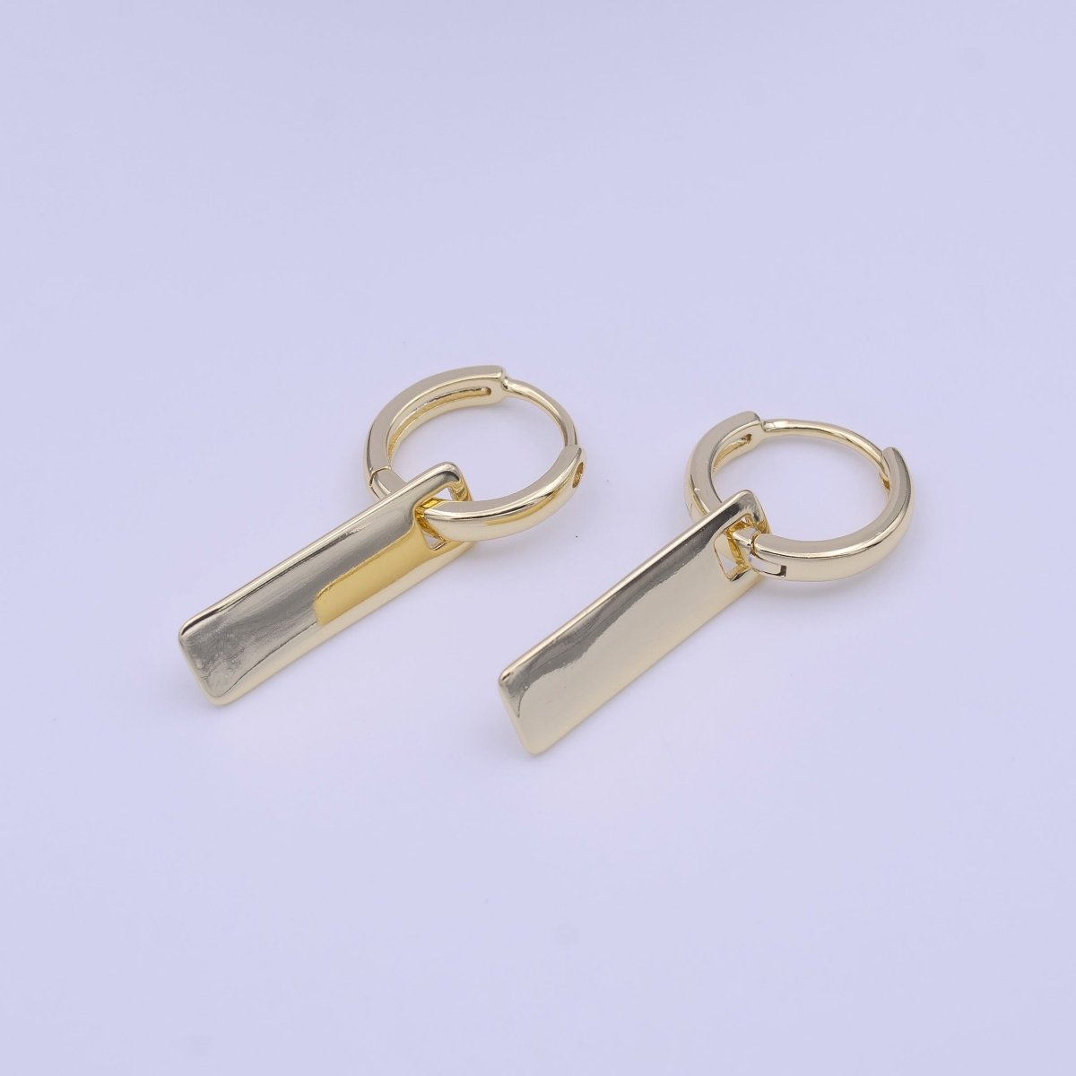 Rectangular Tag Dangle Drop 13mm Huggie Hoops Minimalist Gold Earrings | Y-219 - DLUXCA