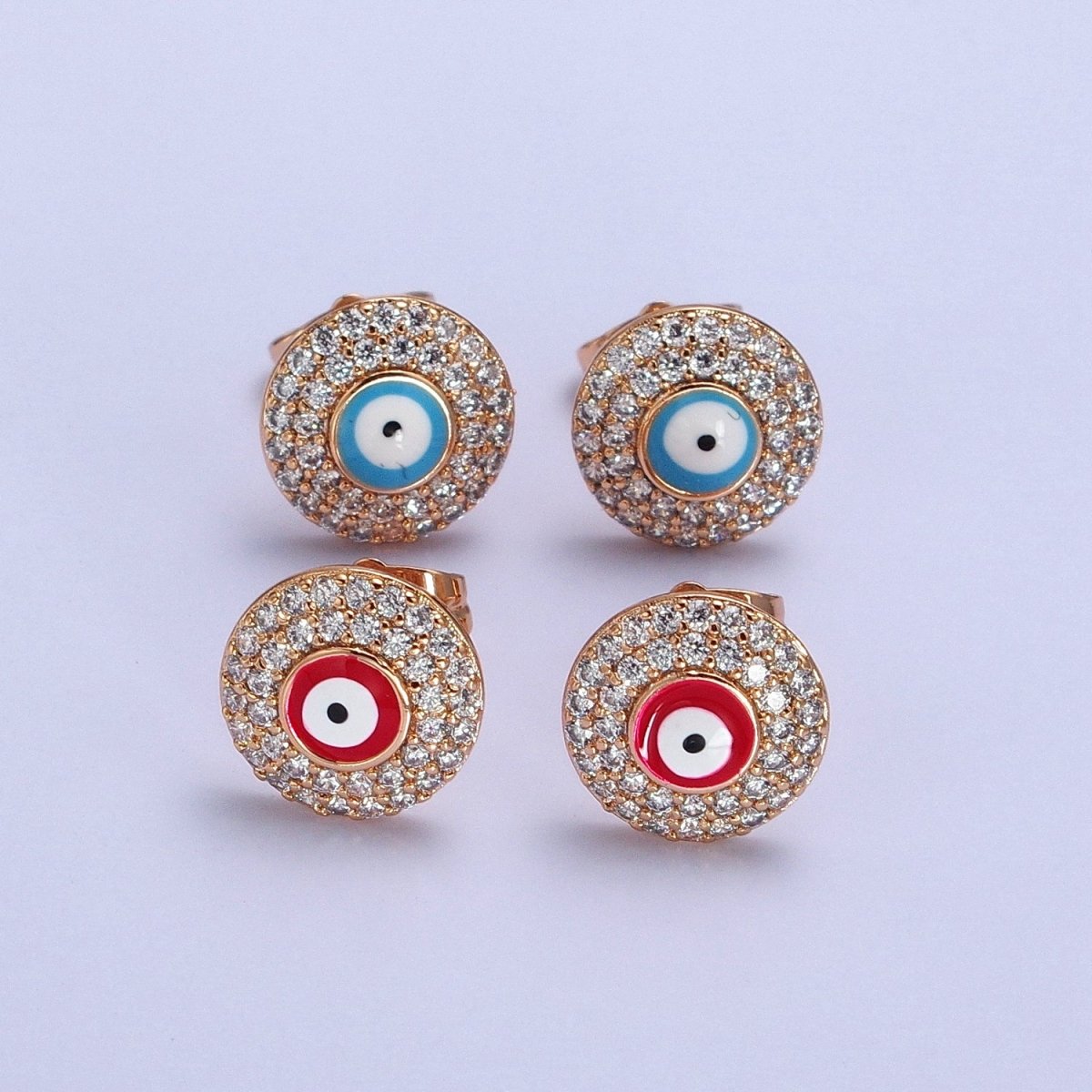 Red, Blue Evil Eye Enamel Clear Micro Paved CZ Round Stud Earrings | AB226 AB227 - DLUXCA