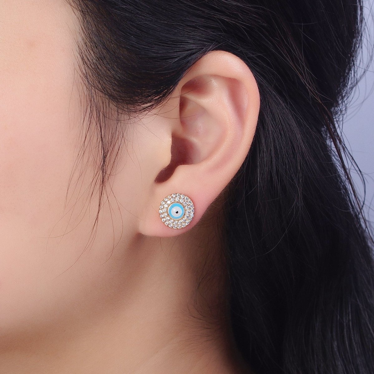 Red, Blue Evil Eye Enamel Clear Micro Paved CZ Round Stud Earrings | AB226 AB227 - DLUXCA