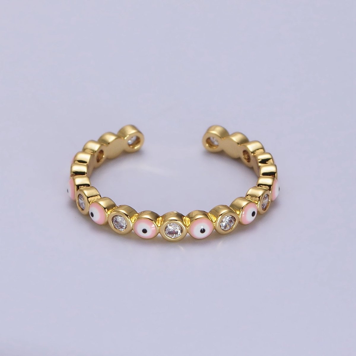 Red, Multicolor, Black, Green, Pink Clear CZ Enamel Evil Eye Adjustable Ring in Gold & Silver | Y-570 ~ Y-572,Y-595 ~ Y-599 - DLUXCA