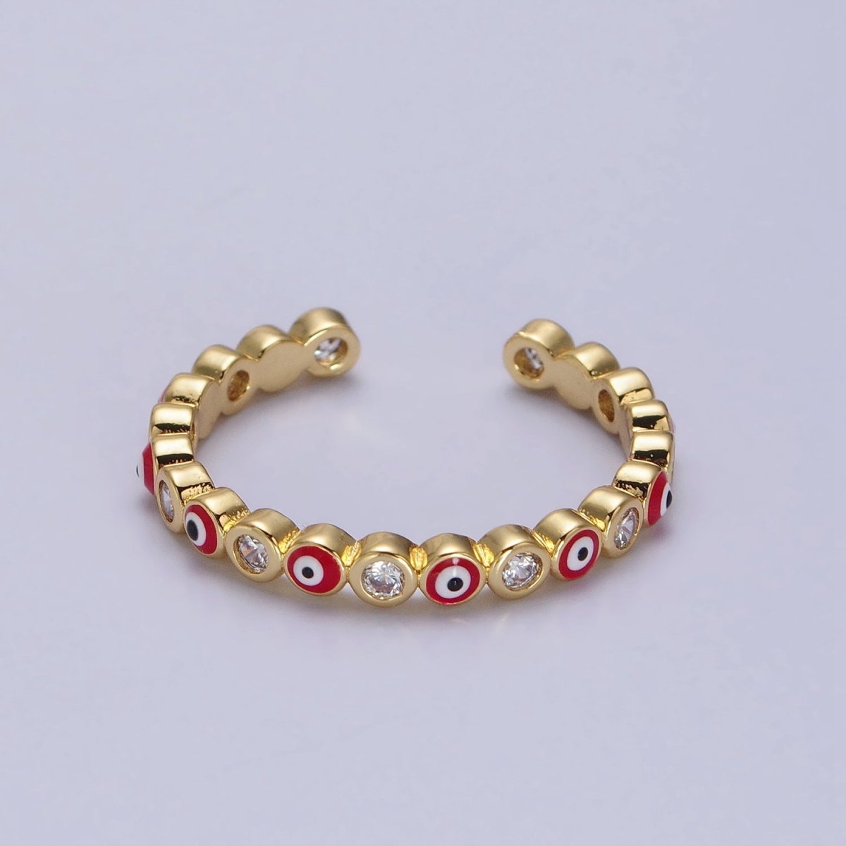 Red, Multicolor, Black, Green, Pink Clear CZ Enamel Evil Eye Adjustable Ring in Gold & Silver | Y-570 ~ Y-572,Y-595 ~ Y-599 - DLUXCA