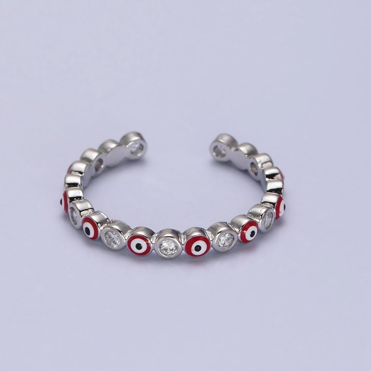 Red, Multicolor, Black, Green, Pink Clear CZ Enamel Evil Eye Adjustable Ring in Gold & Silver | Y-570 ~ Y-572,Y-595 ~ Y-599 - DLUXCA