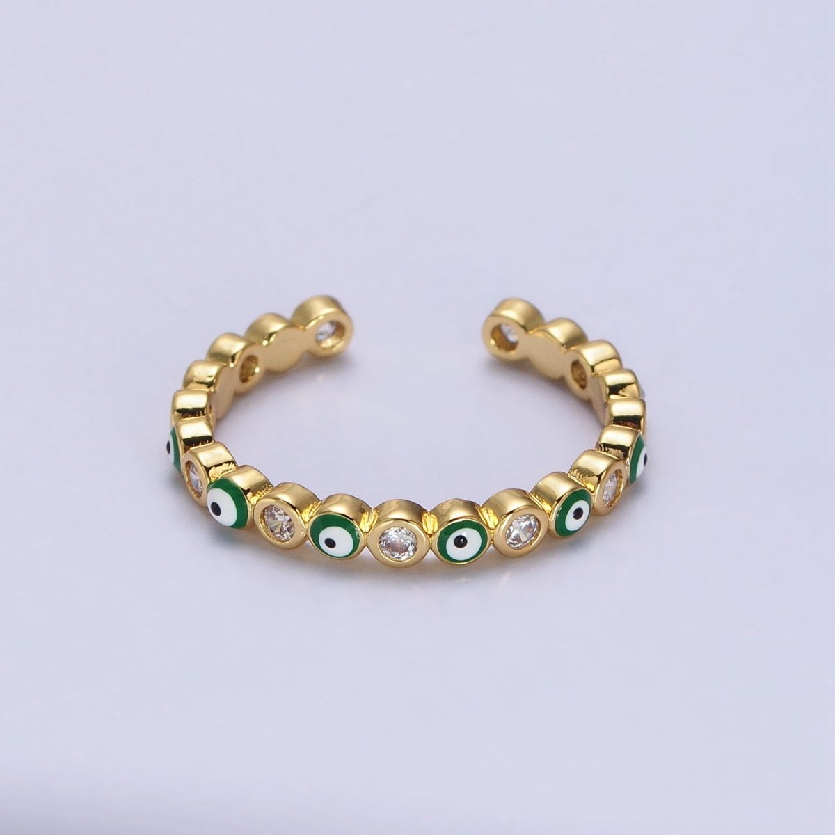 Red, Multicolor, Black, Green, Pink Clear CZ Enamel Evil Eye Adjustable Ring in Gold & Silver | Y-570 ~ Y-572,Y-595 ~ Y-599 - DLUXCA