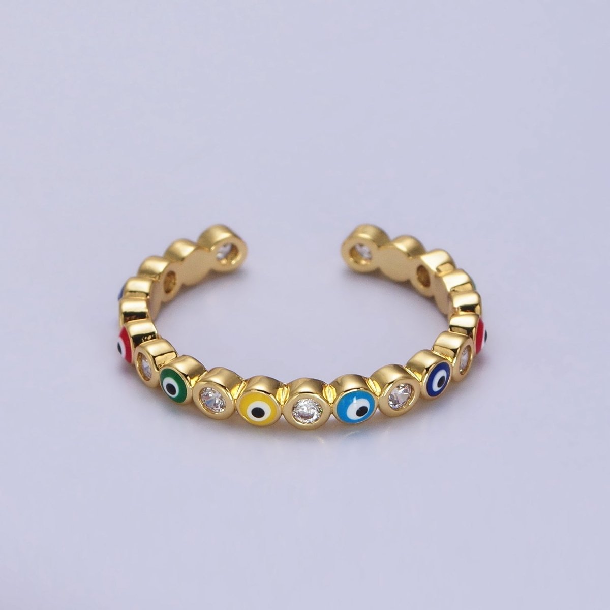 Red, Multicolor, Black, Green, Pink Clear CZ Enamel Evil Eye Adjustable Ring in Gold & Silver | Y-570 ~ Y-572,Y-595 ~ Y-599 - DLUXCA