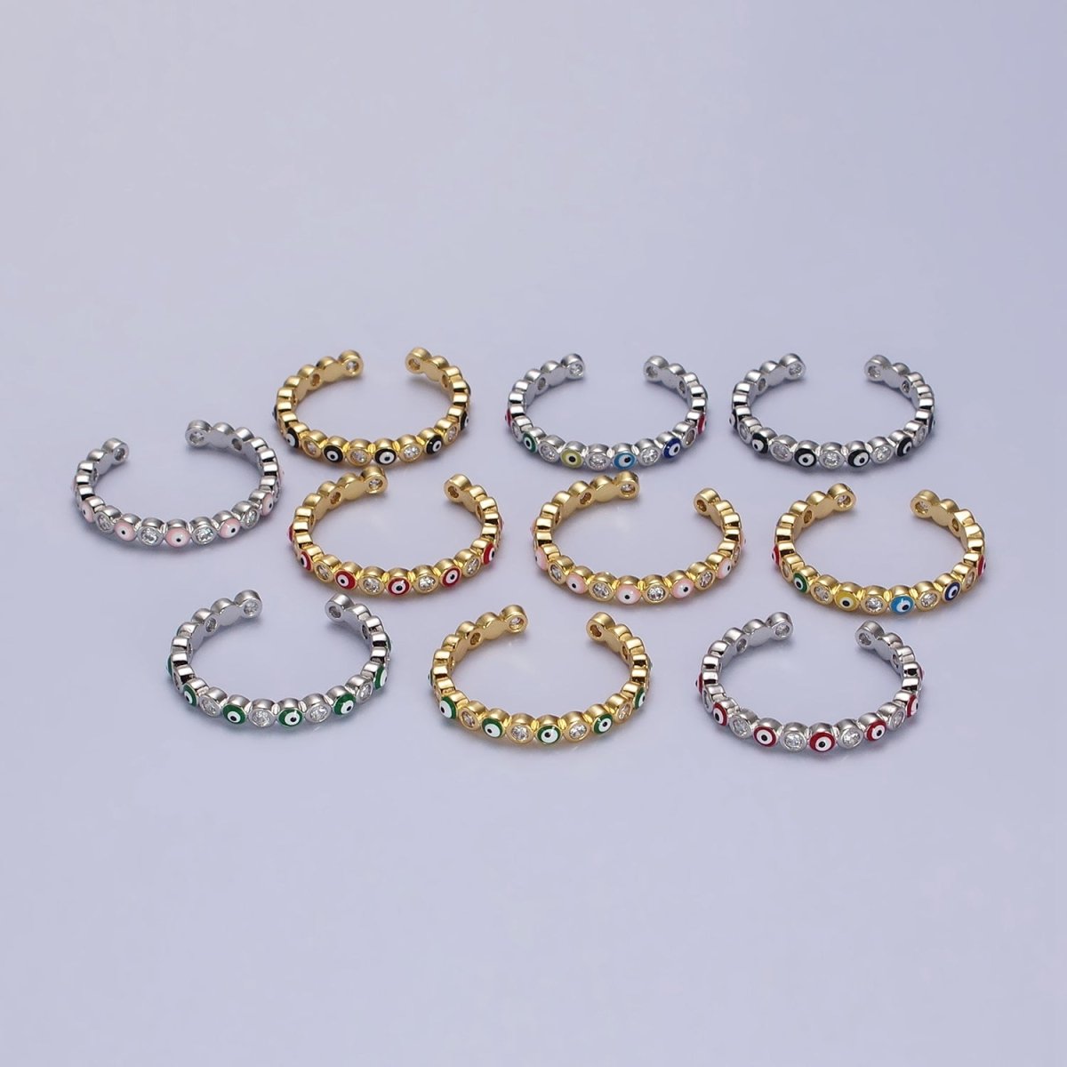 Red, Multicolor, Black, Green, Pink Clear CZ Enamel Evil Eye Adjustable Ring in Gold & Silver | Y-570 ~ Y-572,Y-595 ~ Y-599 - DLUXCA