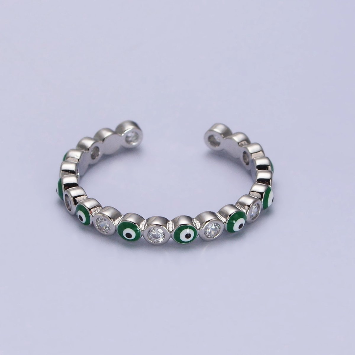 Red, Multicolor, Black, Green, Pink Clear CZ Enamel Evil Eye Adjustable Ring in Gold & Silver | Y-570 ~ Y-572,Y-595 ~ Y-599 - DLUXCA