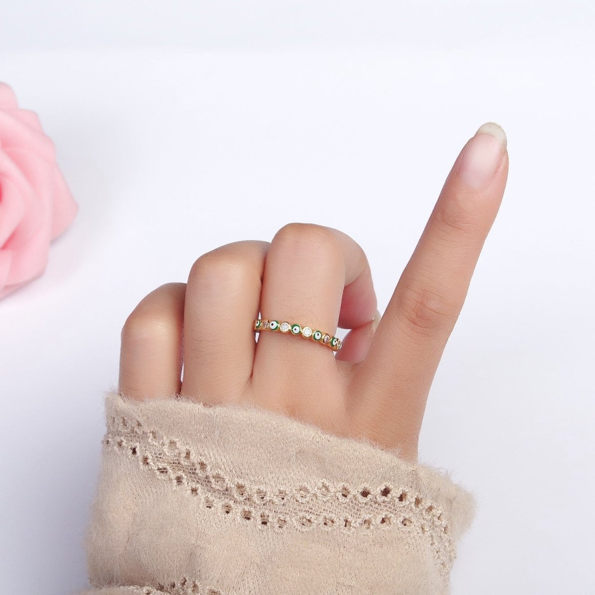 Red, Multicolor, Black, Green, Pink Clear CZ Enamel Evil Eye Adjustable Ring in Gold & Silver | Y-570 ~ Y-572,Y-595 ~ Y-599 - DLUXCA