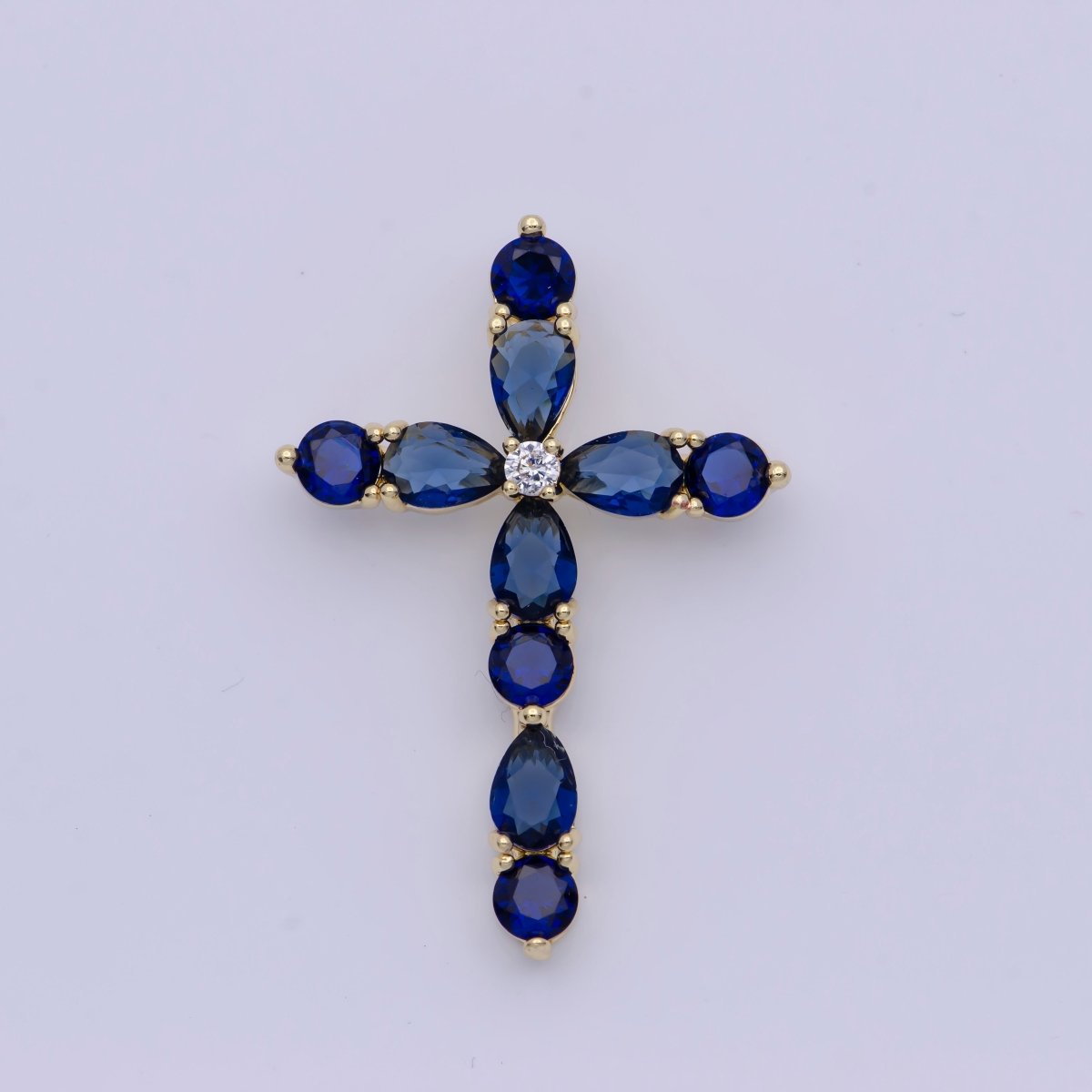 Religious Gold Cross Blue/Green Round Teardrop Cubic Zirconia Pendant Slider For Necklace | X-500 X-501 - DLUXCA