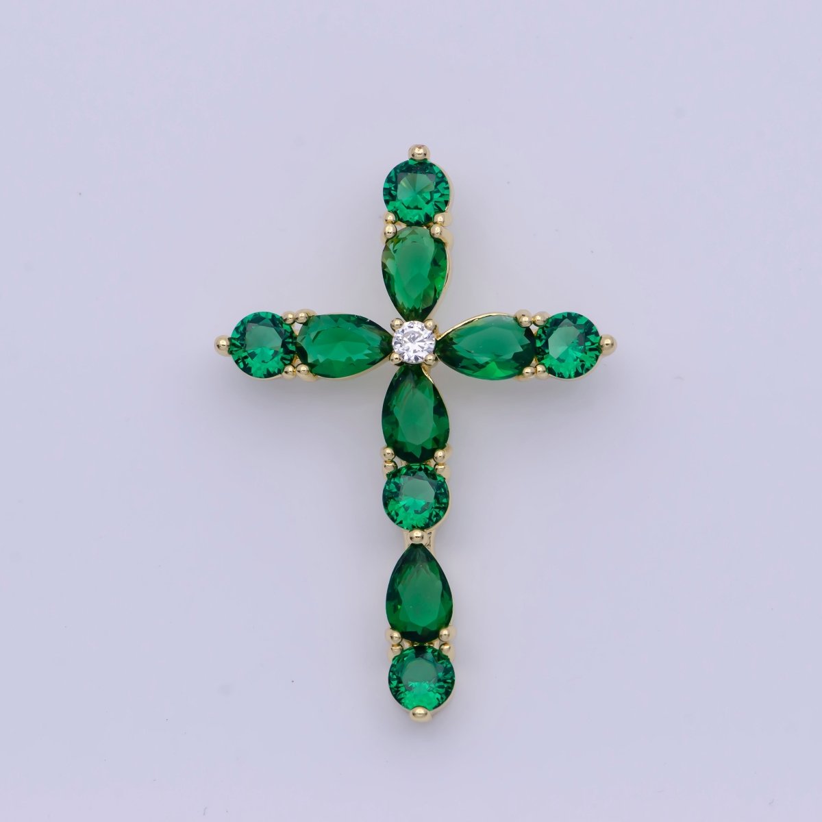Religious Gold Cross Blue/Green Round Teardrop Cubic Zirconia Pendant Slider For Necklace | X-500 X-501 - DLUXCA