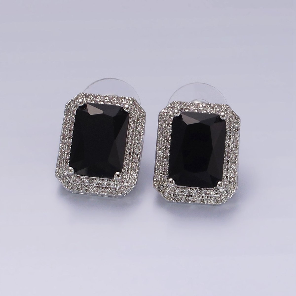 Rhodium Plated Black Baguette CZ Micro Paved Stud Earrings | V289 - DLUXCA