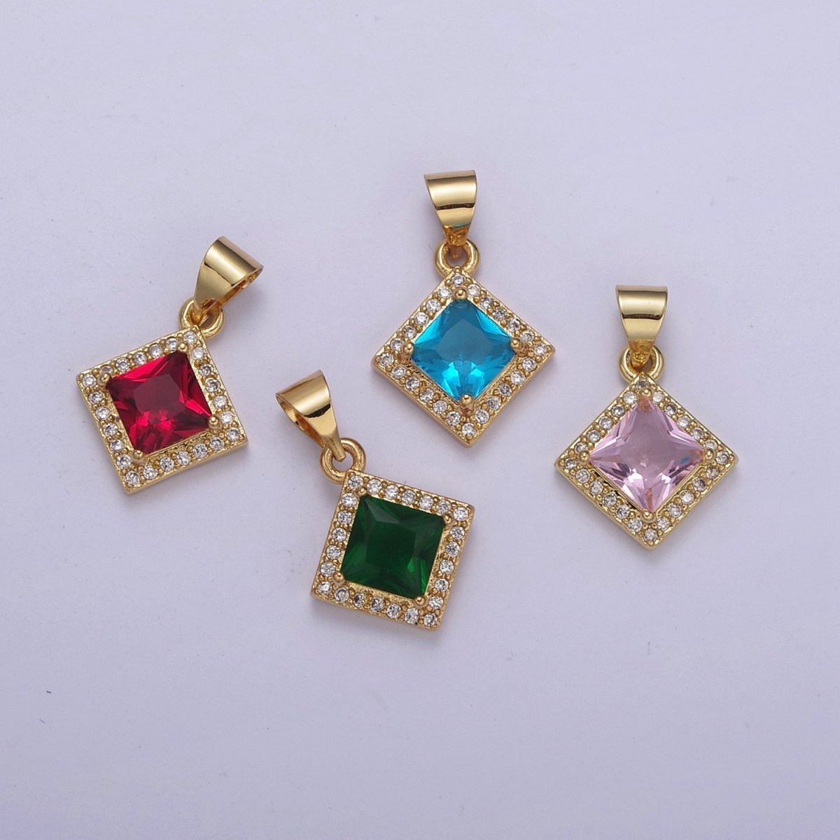 Rhombus Geometric Shape Zircon Connector Charm, Square Gemstone Pendant Charm Wholesale H-345 H-347 H-352 H-354 - DLUXCA