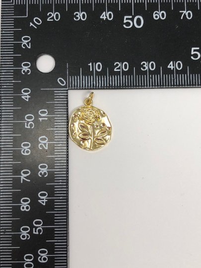 Rose Coin Pendant - Charm, Flower Pendant, Gold Plated Charm, Nature Charm, Gold Disc, Gold Medallion, Flower Coin Charm, D-171 E-086 - DLUXCA