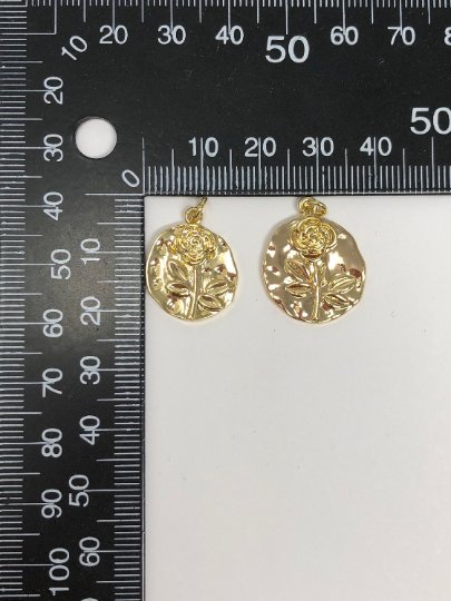 Rose Coin Pendant - Charm, Flower Pendant, Gold Plated Charm, Nature Charm, Gold Disc, Gold Medallion, Flower Coin Charm, D-171 E-086 - DLUXCA