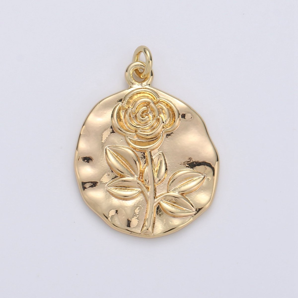 Rose Coin Pendant - Charm, Flower Pendant, Gold Plated Charm, Nature Charm, Gold Disc, Gold Medallion, Flower Coin Charm, D-171 E-086 - DLUXCA