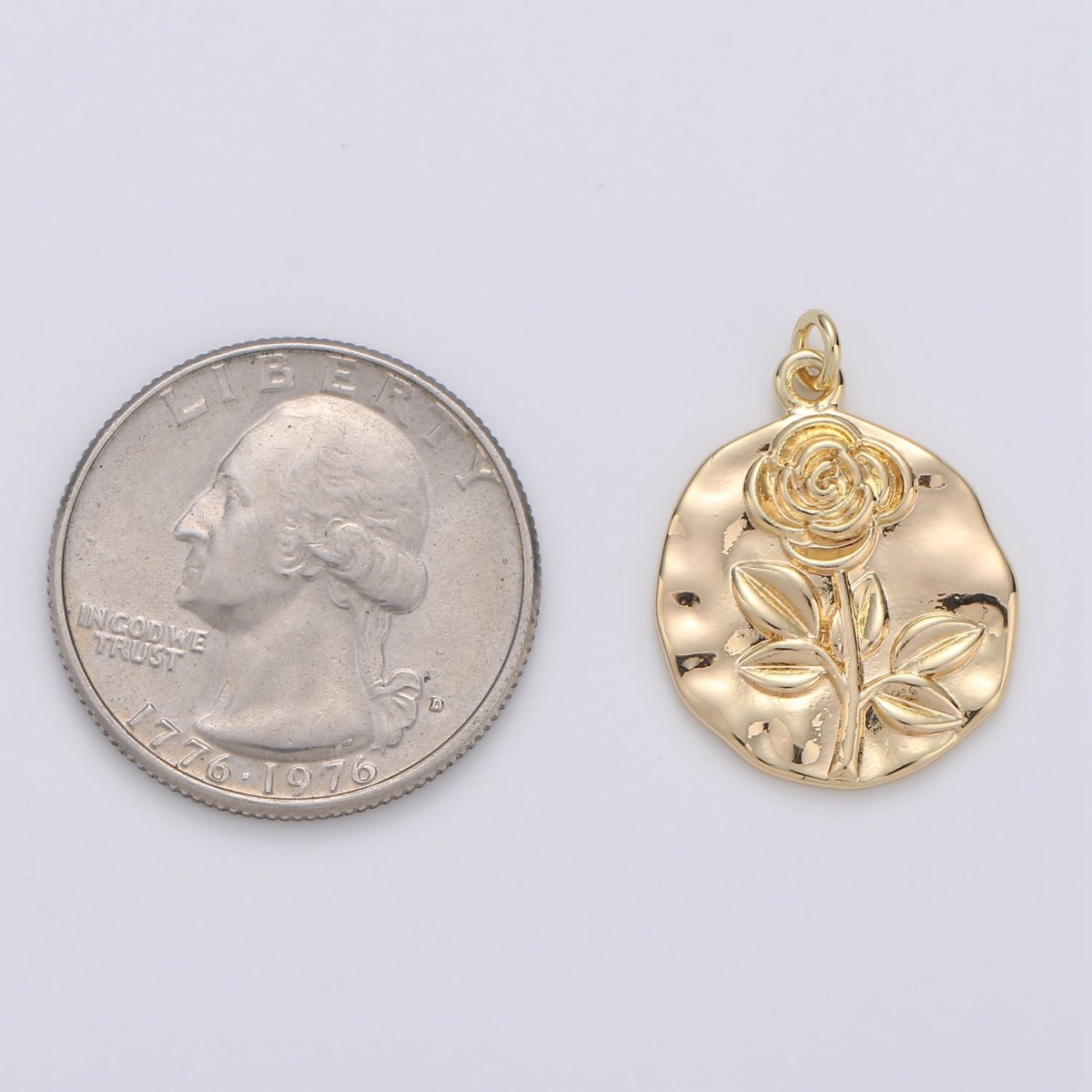 Rose Coin Pendant - Charm, Flower Pendant, Gold Plated Charm, Nature Charm, Gold Disc, Gold Medallion, Flower Coin Charm, D-171 E-086 - DLUXCA