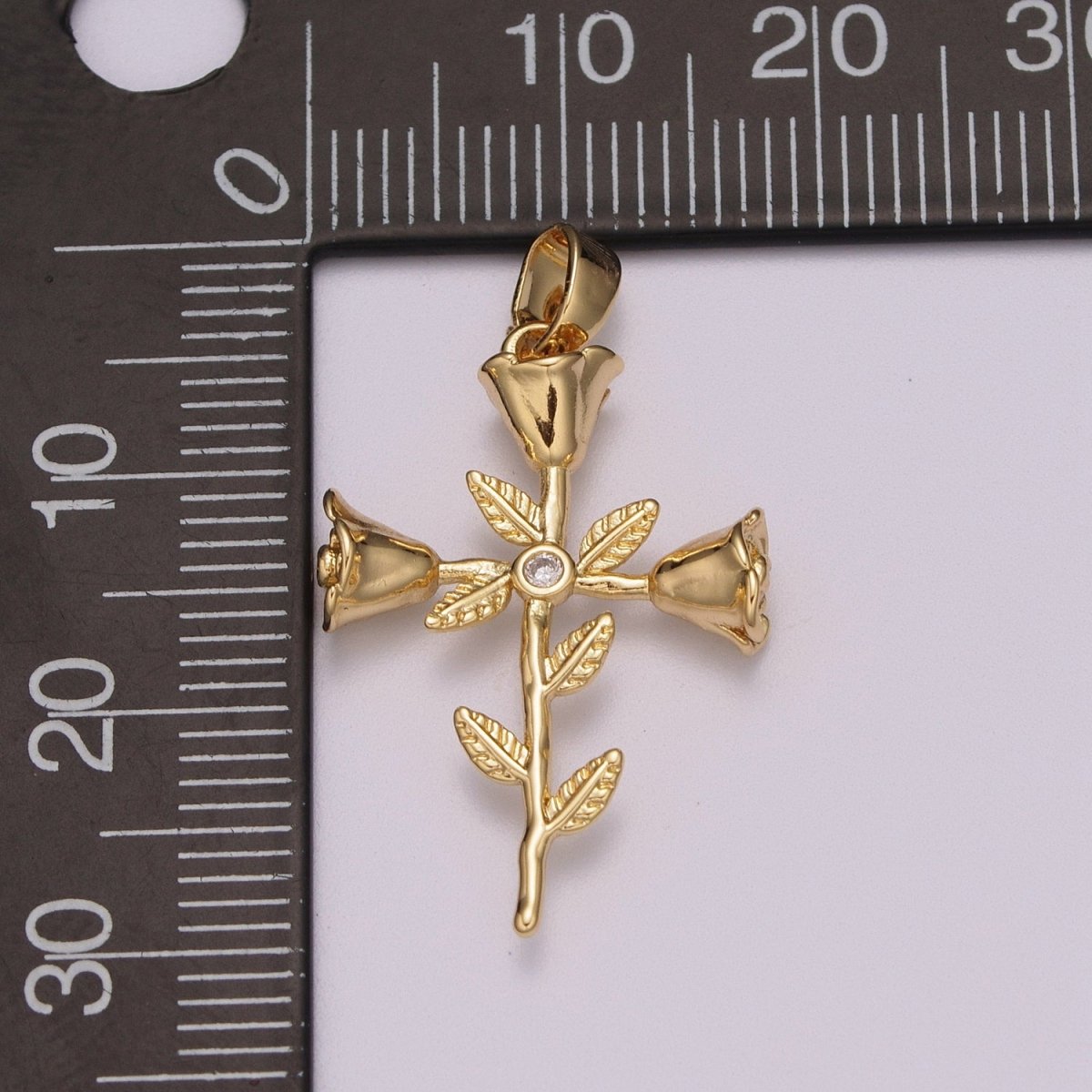 Rose Flowers and Leaves Crucifix Cross Charm 18K Gold Filled Pendant for Necklace Bracelet Earring N-1426 - DLUXCA