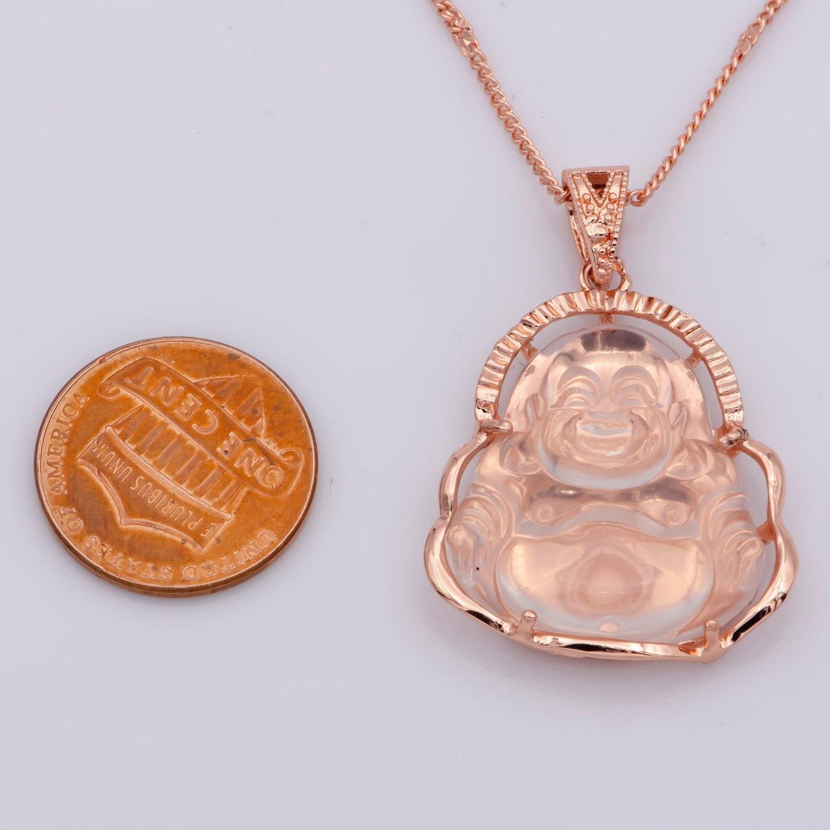 Rose Gold Buddha Necklace Pink Clear Laughing Buddha Necklace 18.5 Inch long Ready to Wear for Statement Jewelry O-247 - DLUXCA