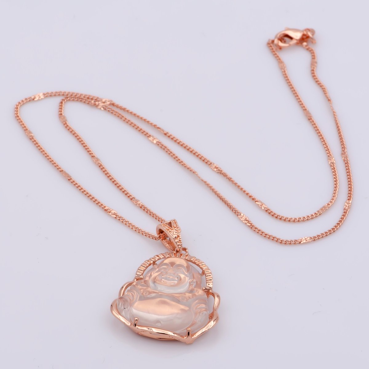 Rose Gold Buddha Necklace Pink Clear Laughing Buddha Necklace 18.5 Inch long Ready to Wear for Statement Jewelry O-247 - DLUXCA