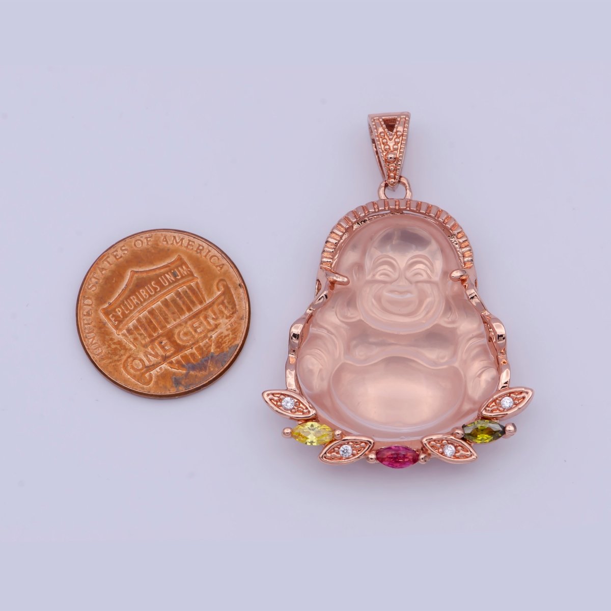 Rose Gold Filled Jade Laughing Buddha with Marquise Cubic Zirconia Pendant | X-529 - DLUXCA